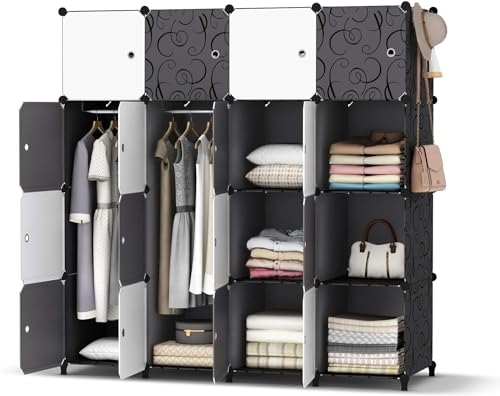 HOMIDEC Kleiderschrank, Tragbarer Regalsystem Schrank Schlafzimmer, 16 Würfel Schrank aus Kunststoff mit 3 Kleiderstange, Schlaf zimmerschrank (schwarz und weiß) von HOMIDEC