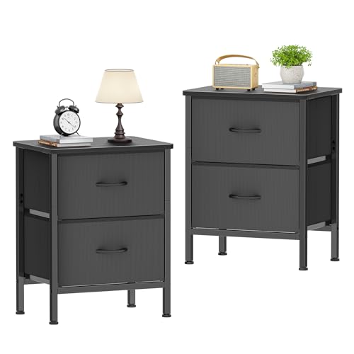 HOMIDEC Nachttisch 2er Set, Beistelltisch mit Metallrahmen und 2 großen Stoffschubladen für Schlafzimmer, Wohnzimmer, 42 x 30 x 55 cm, Schwarz von HOMIDEC
