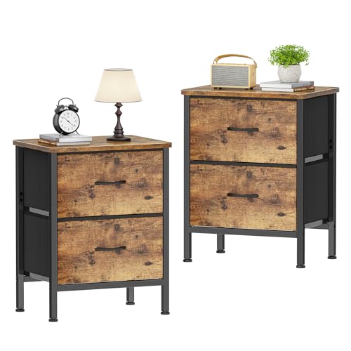 HOMIDEC Nachttisch 2er Set, Beistelltisch mit Metallrahmen und 2 großen Stoffschubladen für Schlafzimmer, Wohnzimmer, 42 x 30 x 55 cm, Vintage Braun von HOMIDEC