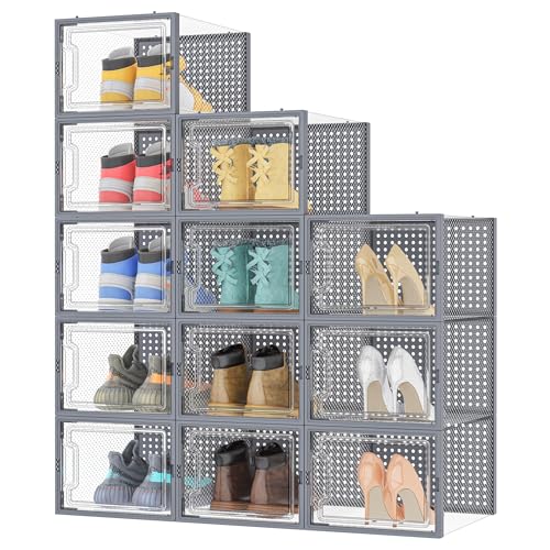 HOMIDEC Schuhboxen, 12er Pack Schuhboxen Stapelbar, Schuhorganizer Schuhaufbewahrung, Schuhkarton mit Deckel für Schuhe bis Größe 46, Grau HOMIDEC Schuhboxen, 12er Pack Schuhboxen Stapelbar, Schuhorganizer Schuhaufbewahrung, Schuhkarton mit Deckel für Schuhe bis Größe 46, Grau von HOMIDEC