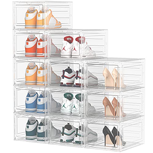 HOMIDEC Schuhboxen Stapelbar Transparent, 12 Stück Hartplastik Schuhkarton mit Deckel, Schuhaufbewahrung für Stöckelschuhe, Stiefeletten, Pumps, High Tops, für Größe 46, Transparent von HOMIDEC