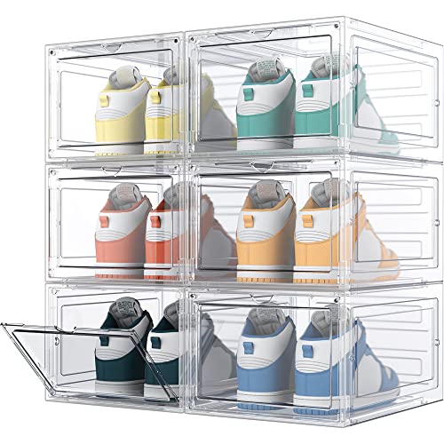 HOMIDEC Schuhboxen Stapelbar Transparent, 6 Stück Hartplastik Schuhkarton mit Deckel, Schuhaufbewahrung für Stöckelschuhe, Stiefeletten, Pumps, High Tops, für Größe 46, Transparent von HOMIDEC