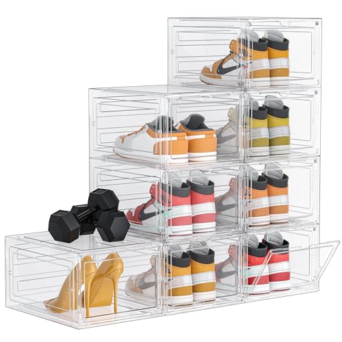 HOMIDEC Schuhboxen Stapelbar Transparent, 8 Stück Hartplastik Schuhkarton mit Deckel, Schuhaufbewahrung für Stöckelschuhe, Stiefeletten, Pumps, High Tops, für Größe 46, Transparent von HOMIDEC
