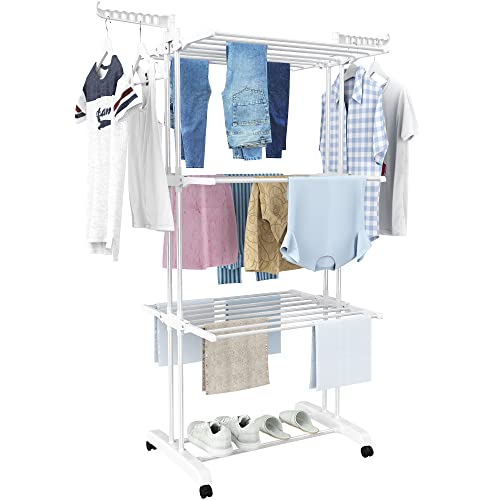 HOMIDEC Wäscheständer Wäschetrockner Turm mit Rollen, Turm-Wäscheständer 6 Klappbare Flügel und 2 Seitenflügel, Standtrockner Wäscheturm für Innen und Außen, Milchig weiß von HOMIDEC