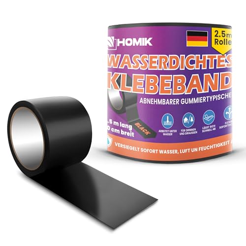 HOMIK 2Stk Je 10cm x 2.5m Extrem Starkes Wasserdichtes Klebeband Außen & Innen | Dichtungsband Wasserdicht | UV Beständig | Duct Tape | Selbstverschweißendes | Schwarz von HOMIK