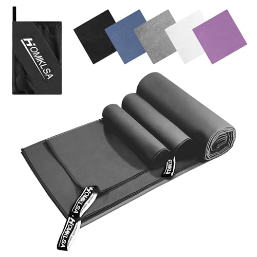 HOMIKLSA Mikrofaser Handtuch 3 Set - Groß 200×100cm & 2 Klein 80×40cm, Schnelltrocknend Microfaser Sporthandtuch, für Reisehandtuch, Badetuch, Fitness & Sport Handtücher und Strandtuch (Dunkelgrau) von HOMIKLSA