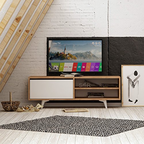 HOMITIS Modern TV Stand with Wall-Mount Option, Oak & White, 120 x 47 x 35 cm | 100% Melamine Coated Particle Board, 18 mm Thick | Stylish & Functional Design von Dose of Modern