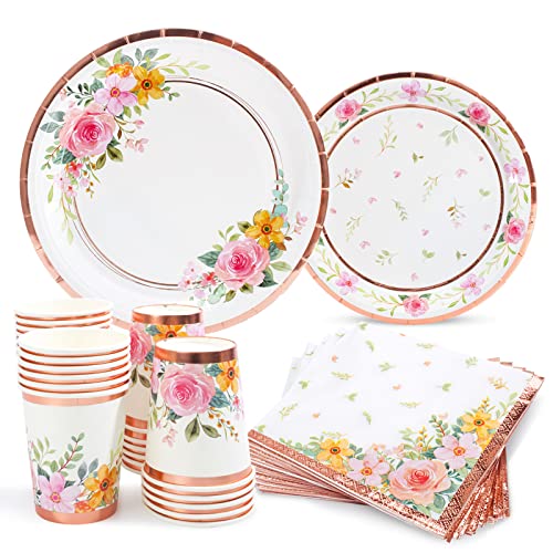 HOMIX Floral Pappteller und Servietten Becher Sets Rosa Blume Tee Party Supplies Einweg-Geschirr-Sets serviert 24 für Brautparty, Geburtstage von HOMIX