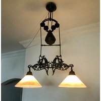 Antiker Segelschiff Kronleuchter Aus Opalglas & Messing, 2-Flammig von HOMInterior