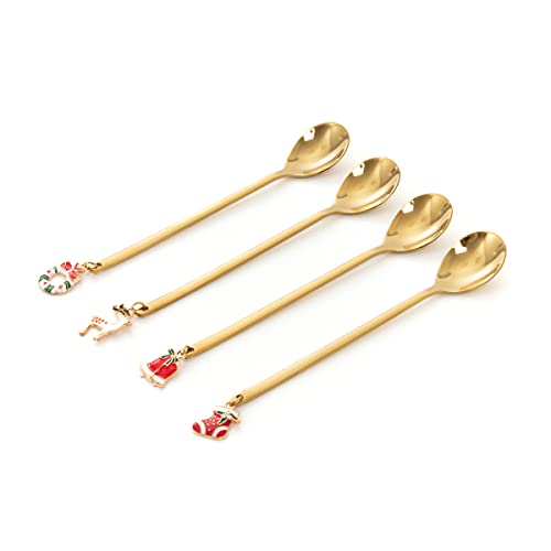 HOMLA Blane Weihnachts Dessertlöffel 4-teiliges Set - Langlebiges Besteck mit Dekorativen Festlichen Anhängern - Edelstahl in Eleganter Goldener Farbe von HOMLA