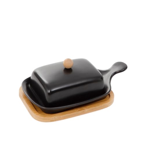 HOMLA Butterdose Butterbehälter FINCAN Keramik mit Bambussockel schwarz 22 cm von HOMLA