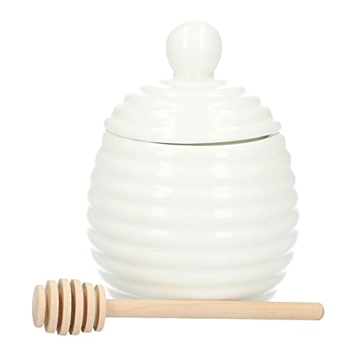 HOMLA Fincan Honigglas - Honigtopf Inklusive Honiglöffel Minimalistische Ästhetik - Natürlicher Bienenstock Design aus Keramik Bambus 9 x 12 cm von HOMLA