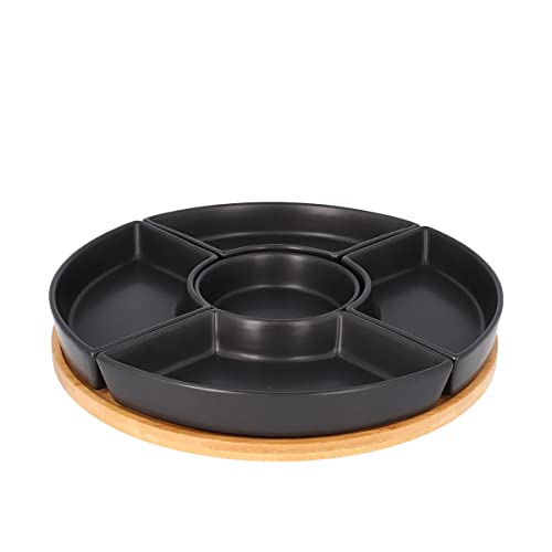 HOMLA Fincan Moderne Servierplatte Rund 6-teilig - Auffallendes Design Teller für Partys Feiern Snacks Häppchen - Porzellan und Bambusholz Ø 30 cm Schwarz von HOMLA