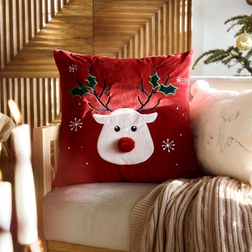 HOMLA Kopfkissenbezug Kissenbezeug Kissenhülle mit Pompon Weihnachtsdeko rot 45x45 cm von HOMLA