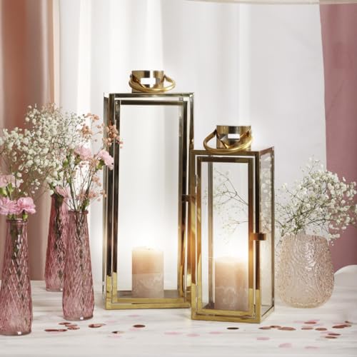 HOMLA Laterne Windlicht Kerzenglas Teelichthalter Tondo Gold 14x14x39 cm von HOMLA