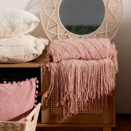 HOMLA Loop Decke Dekorativ Weich - Lose Gewebte Polyesterfasern Wohndecke Flauschig Decke für Sofa Couch Bett - 130 x 170 cm Rosa mit Kugelgeflecht von HOMLA