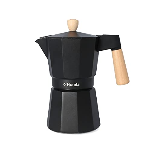 HOMLA Mia Mokka Espressokocher für 6 Tassen - Für köstlichen Kaffee Espresso Kaffeemaschine Gasherde & Induktionsherde - Aluminium + Buchenholz Schwarz von HOMLA