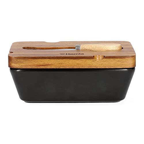 HOMLA Mooka Butterdose mit einem Rasiermesser und dem Porzellandeckel Akazien schwarz 16x11 cm von HOMLA