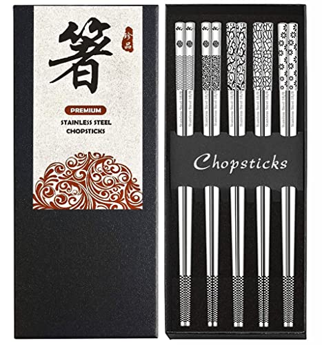 Essstäbchen aus Metall, Edelstahl, wiederverwendbar, 18/8, niedlich, lasergraviert, rutschfest, koreanisch, japanisch, chinesisch, 18/8 Edelstahl, spülmaschinenfest, zum Kochen, Essen, 24,9 cm, 5 Paar von HOMMALY