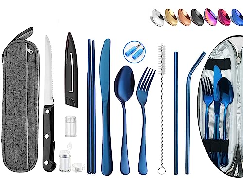 Tragbare wiederverwendbare Reiseutensilien, Besteck mit Etui, Camping-Besteck-Set, Essstäbchen und Strohhalm, Besteck mit Etui, Edelstahl-Oberseite (blau) von HOMMALY