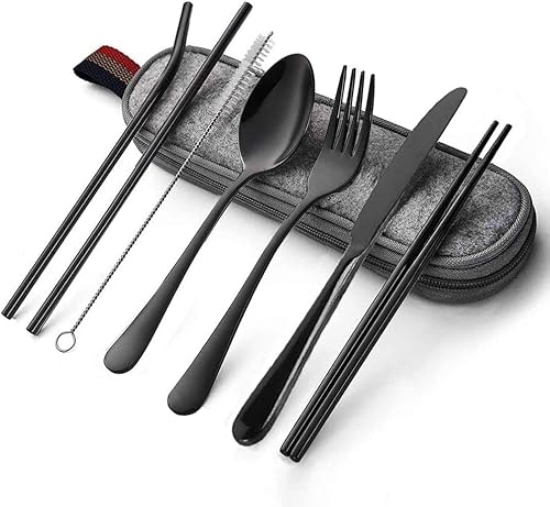 Tragbares Besteck-Set, Besteck-Set, 8-teilig, inkl. Messer, Gabel, Löffel, Stäbchen, Trinkhalme, tragbare Tasche für Reisen, Arbeit, Camping, Picknick, Edelstahl (schwarz voll) von HOMMALY