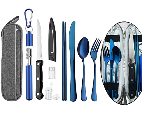 Tragbares Reisebesteck mit Etui, Reise- und Camping-Besteck-Set, Essstäbchen und Strohhalm, Edelstahl, Reiseutensilien-Set (blau) von HOMMALY