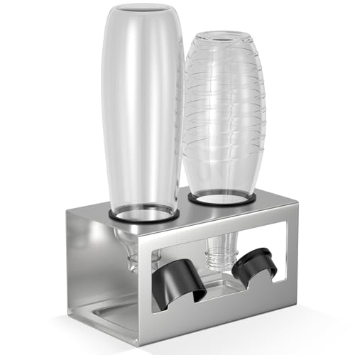 HOMMAND Flaschenhalter für SodaStream Crystal und Emil Flaschen, Edelstahl Flaschenhalter Abtropfgestell Abtropfständer für 2 Flaschen, mit Silikonschutzringe, Abtropfschale und Deckelhalter Silber von HOMMAND