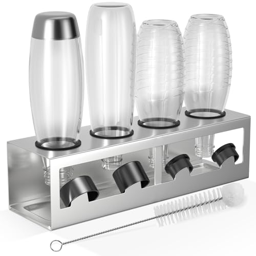 HOMMAND Flaschenhalter für SodaStream Crystal und Emil Flaschen, Edelstahl Flaschenhalter Abtropfgestell Abtropfständer für 4 Flaschen, mit Silikonschutzringe, Abtropfschale und Deckelhalter Silber von HOMMAND