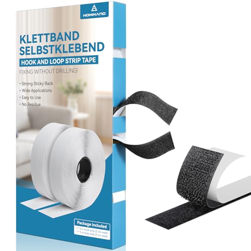 HOMMAND Klettband Selbstklebend Extra Stark, Doppelseitig Klebende mit Klettverschluss Selbstklebendes Klebepad Flauschband und Hakenband, Premium Klettverschluss selbstklebend, 20mm x 5m, Schwarz von HOMMAND