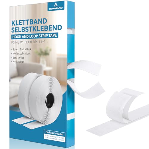 HOMMAND Klettband Selbstklebend Extra Stark, Doppelseitig Klebende mit Klettverschluss Selbstklebendes Klebepad Flauschband und Hakenband, Premium Klettverschluss selbstklebend, 30mm x 5m, Weiß von HOMMAND