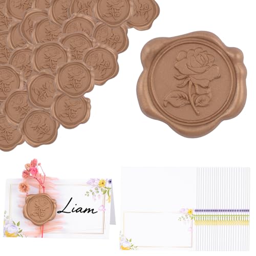 HOMMDECO 30 Stück gelbe Blumenkarten, blanko, Platzkarten, Papier, Geschenkanhänger für Hochzeit, Babyparty, Abendessen, Bankett, Party, Reservierte Sitzschilder, Partyzubehör (mit bronzefarbenen von HOMMDECO