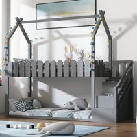 Etagenbett, Hochbett 90x200 mit zwei Schubladen, Kinderbett Hausbett mit Treppe, Rausfallschutz und Lattenrost, aus massivem Kiefernholz - Hommoo von HOMMOO