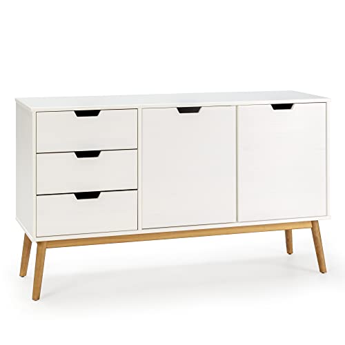 HOMN LIVING Baku Sideboard mit 3 Schubladen und 2 Türen, Weiß, Massivholz, 140 cm (Breite) 40 cm (Tiefe) 80 cm (Höhe) von HOMN LIVING