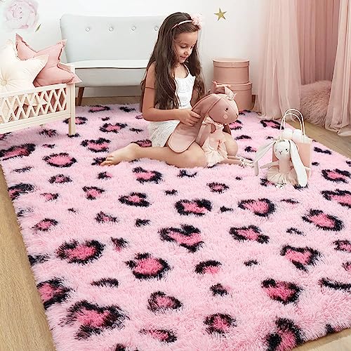 HOMORE Leopardenmuster, 90 x 150 cm, rosa Leoparden-Teppich für Mädchen-Schlafzimmer, weicher Geparden-Druck Teppiche für Wohnzimmer, Western-Dekor, moderner flauschiger Innenteppich für Kinder, von HOMORE