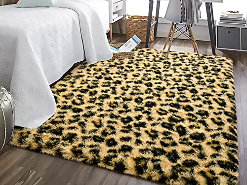 HOMORE Premium Leopard Flauschige Teppiche, Leopardenmuster Teppich für Wohnzimmer Schlafzimmer, weicher Geparden-Druck, Teppich für Kinderzimmer, 90x150 cm, Schwarz und Khaki von HOMORE