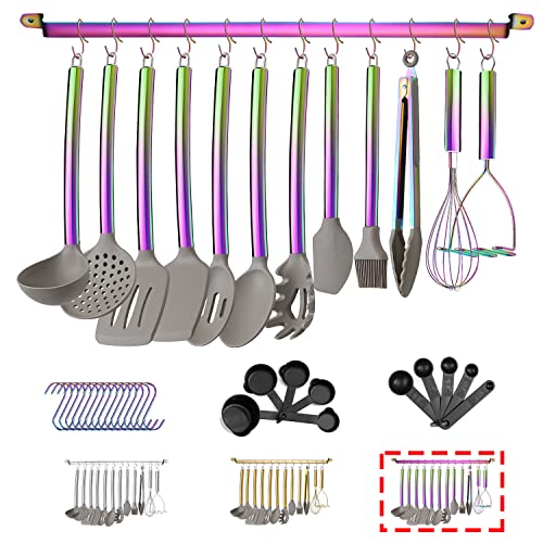 38 Teiliges Silikon-Kochgeschirr-Set mit Utensilienablage, Silikonkopf und Edelstahl-Regenbogengriff Kochgeschirr, Küchenhelfer (Regenbogen) von HOMQUEN