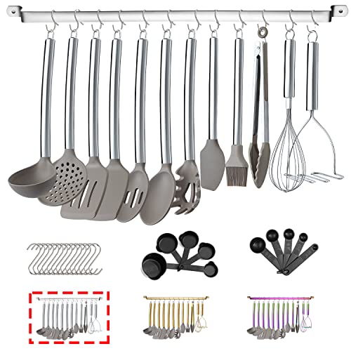 38 Teiliges Silikon-Küchen-Kochgeschirr-Set mit Utensilienablage, Silikonkopf und Edelstahlgriff Kochgeschirr, Küchenhelfer für Utensilien-Set(Silber) von HOMQUEN