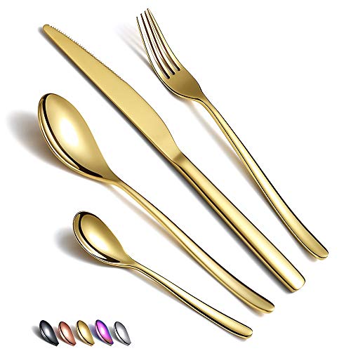 HOMQUEN 24 Stück Gold Besteck Set, Gold Besteckset aus Edelstahl, Gold Titanbeschichtung, Utensiliensets Service-Set für 6 (Gold Glänzend) von HOMQUEN