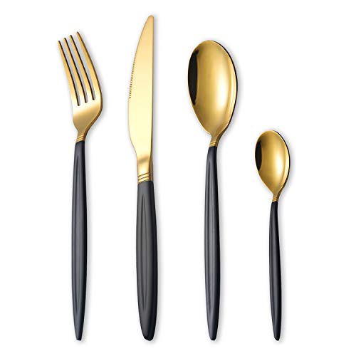 HOMQUEN 24-Teiliges Schwarzgold-Besteckset, Edelstahl-Besteckset, Titangoldlöffel und Sprühfarbengriff-Besteckset, Service-Set für 6 Personen (Mattschwarz mit Glänzendem Gold) von HOMQUEN