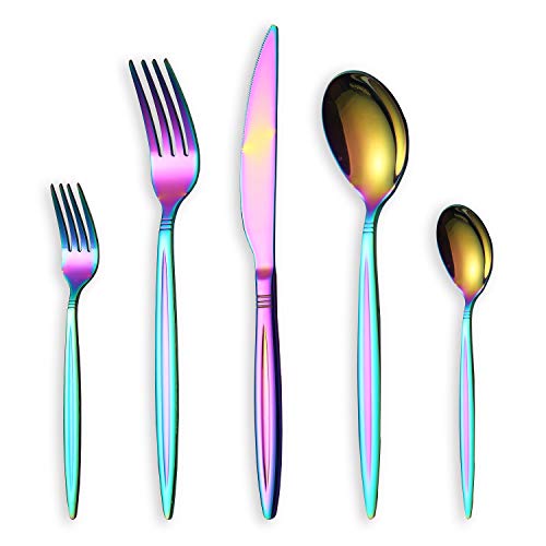 HOMQUEN 30-Teiliges Buntes Besteckset, Edelstahl Besteck Set, Buntes Titan-Besteckset, Service Set für 6 (Glänzender Regenbogen) von HOMQUEN