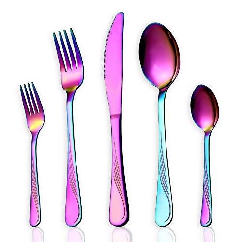 HOMQUEN 30-teiliges Regenbogen-Farbe-Geschirr-Set, Edelstahl-Titan-buntes überzogenes Tischbesteck-Set, Tafelsilber-Set, Service für 6 (Bunt-30 Stück) von HOMQUEN