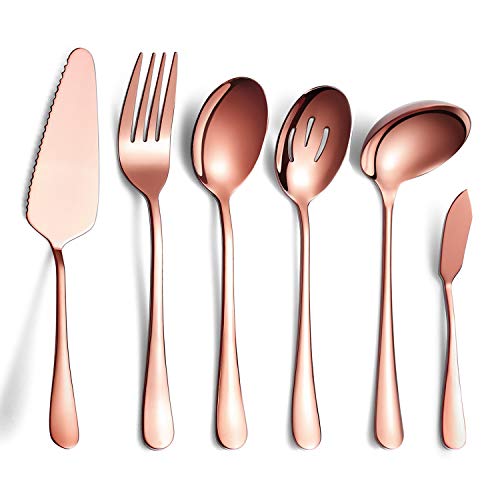 HOMQUEN 6-Teiliges Kupfer Besteck Set, Rostfreier Stahl Servierbesteck, Inklusive Tortenheber, Geschlitzter Servierlöffel, Servierlöffel, Aufschnittgabel, Buttermesser, Suppenkelle von HOMQUEN