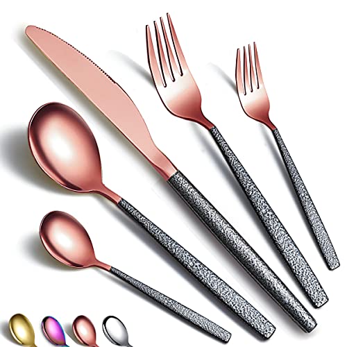 Besteck 30 Stück Roségold Kopfbeschichtung mit Schwarzem Marsgriff, Edelstahl Kupfer Titanbeschichtung Messer Löffel Gabeln Besteck Set Utensilien Set Besteck Set Service für 6 von HOMQUEN