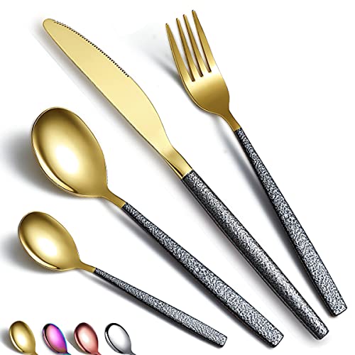 Besteckset 24 Stück Glänzende Goldkopfbeschichtung mit Schwarzem Marsgriff, Edelstahl Titanbeschichtungsmesser Löffel Gabeln Besteckset Utensilienset Besteckset Service für 6 Personen von HOMQUEN