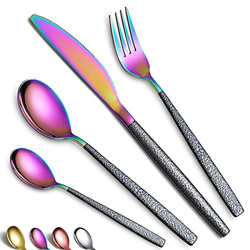 Besteckset 24 Stück Regenbogenkopfbeschichtung mit Schwarzem Marsgriff, Edelstahl Titan Buntes Beschichtungsmesser Löffel Gabeln Besteckset Utensilienset Besteckset Service für 6 Personen von HOMQUEN