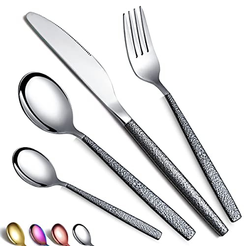 HOMQUEN Besteckset 24-Teilige Beschichtung mit Schwarzem Marsgriff, Edelstahlmesser Löffel Gabeln Besteckset Utensilienset Besteckset Service für 6 Personen von HOMQUEN