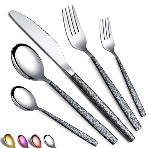 Besteckset 30 Stück Beschichtung mit Schwarzem Marsgriff, Edelstahlmesser Löffel Gabeln Besteckset Utensilienset Besteckset Service für 6 Personen von HOMQUEN