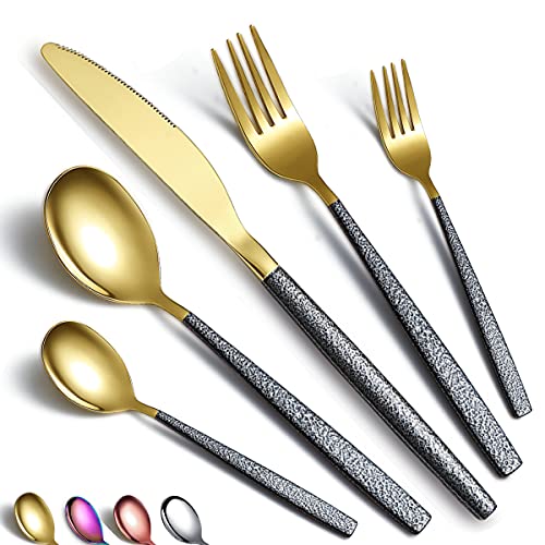 Besteckset 30 Stück Glänzende Goldkopfbeschichtung mit Schwarzem Marsgriff, Edelstahl Titanbeschichtungsmesser Löffel Gabeln Besteckset Utensilienset Besteckset Service für 6 Personen von HOMQUEN