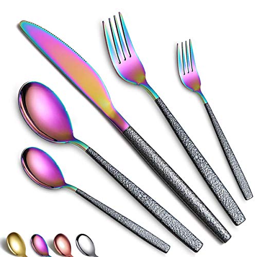 Besteckset 30 Stück Regenbogenkopfbeschichtung mit Schwarzem Marsgriff, Edelstahl Titan Buntes Beschichtungsmesser Löffel Gabeln BestecksetUtensilienset Besteckset Service für 6 Personen von HOMQUEN
