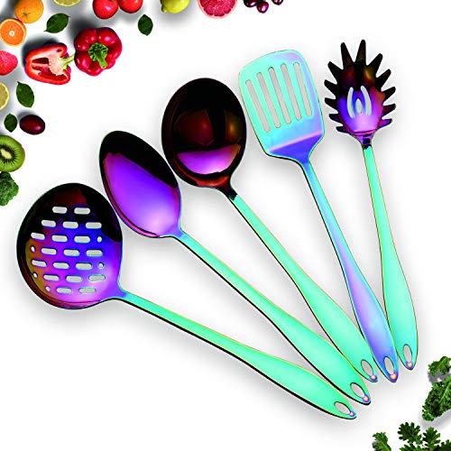 HOMQUEN Edelstahl Küchengerät Set - 5 Kochutensilien, Regenbogen Farbe Nonstick Küchengeräte Set, Bunte Titan Plated Kitchen Tools Gadgets von HOMQUEN